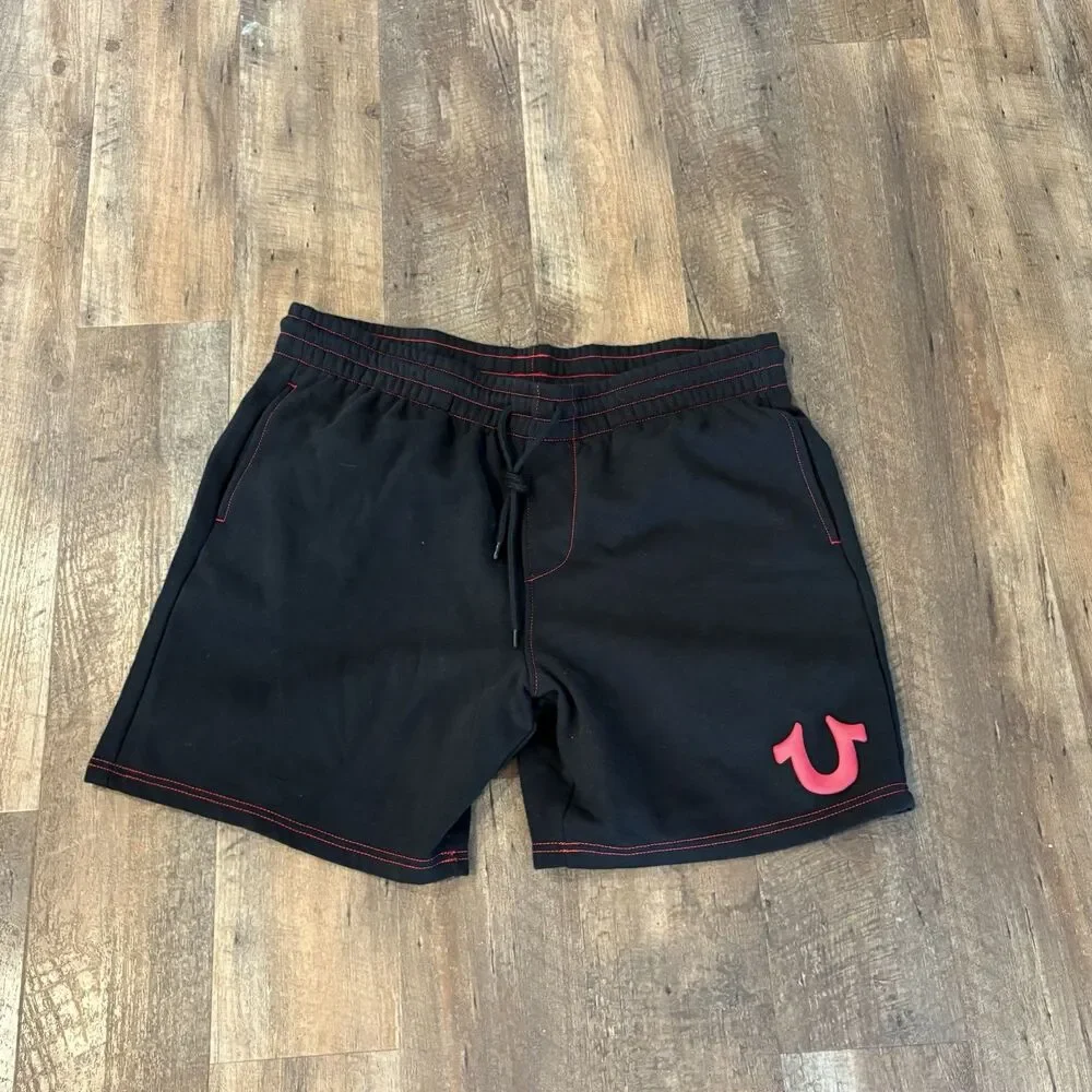 Mens True Religion Fleece Lined Drawstring Black/Red Sweatshorts Size XXL NWT